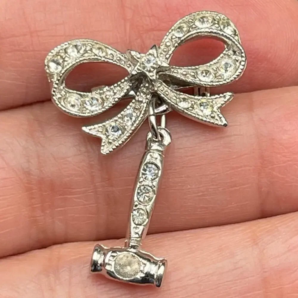 ORA Rhinestone Bow Shriners Scimitar Hammer Dangle Brooch 1.25